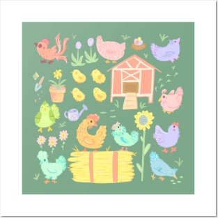 Pastel Spring Chickens and Flowers Posters and Art